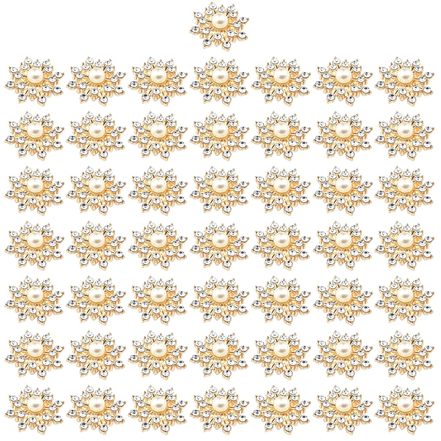 BETITETO 50Pcs Pearl Rhinestone Charms Flatback Flower Buttons Embellishments Bulk for DIY Shoe Sock Charms Bag Decoration Brooch Headbands Clothes Wedding Flower Bouquet Crafts (#1 KC Gold Alloy)