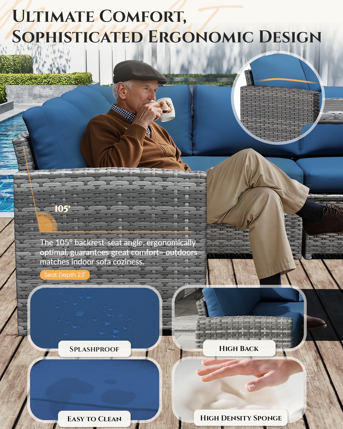 U-MAX 7 Pieces Patio Furniture Set with Waterproof Cover, Outdoor Sectional Sofa Conversation Set, All Weather Wicker Rattan Dining Table & Chair with Ottoman, Grey Rattan&Dark Blue Cushion