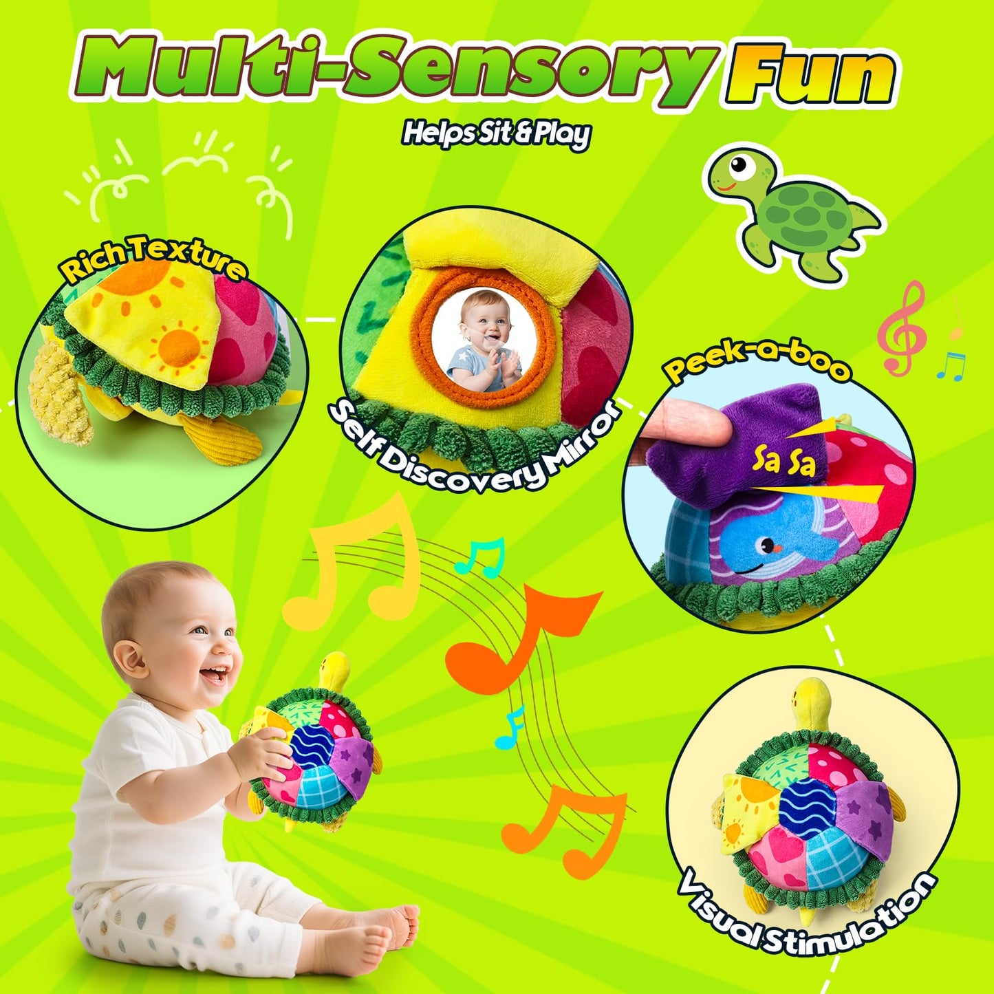 Esjay Crawling Musical Turtle Plush Toy and Busy Board, Dancing Bouncing Recording Walking Sensory Toys for Boys Girls Toddlers, Yellow