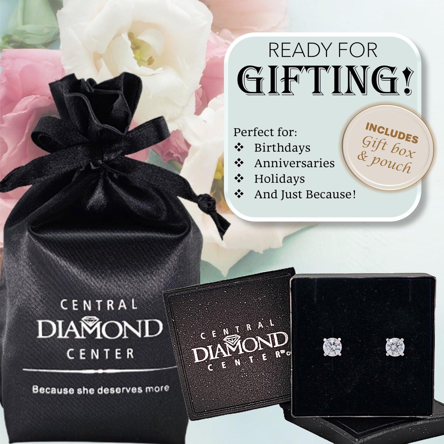 Central Diamond Center 14K Solid Gold Post & Sterling Silver Made with Swarovski 4 Prong CZ Stud Earrings - Platinum Plated - 5.25mm - 1.00cttw