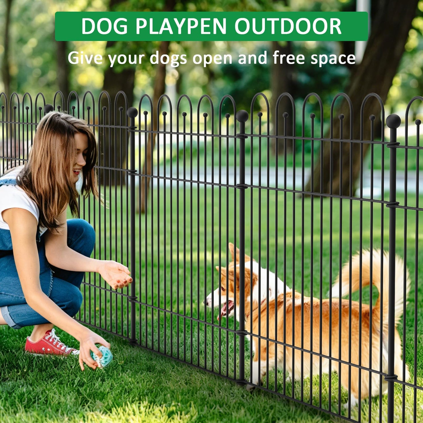 Garden Fence Animal Barrier with Gate, 32 in (H) x23.6ft (L) Decorative Garden Fence, 10 Panels No Dig, Rustproof Metal Temporary Fence, for Outdoor, Yard, Patio