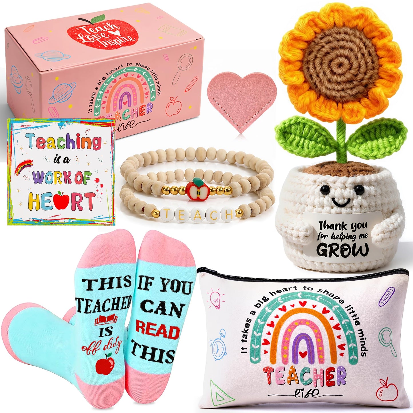 U-Goforst Teacher Appreciation Gifts for Women, Gifts for Teachers, Teacher Gifts Supplies with Makeup Bags Crochet Sunflower Bookmark Bracelet Socks for Teacher Appreciation