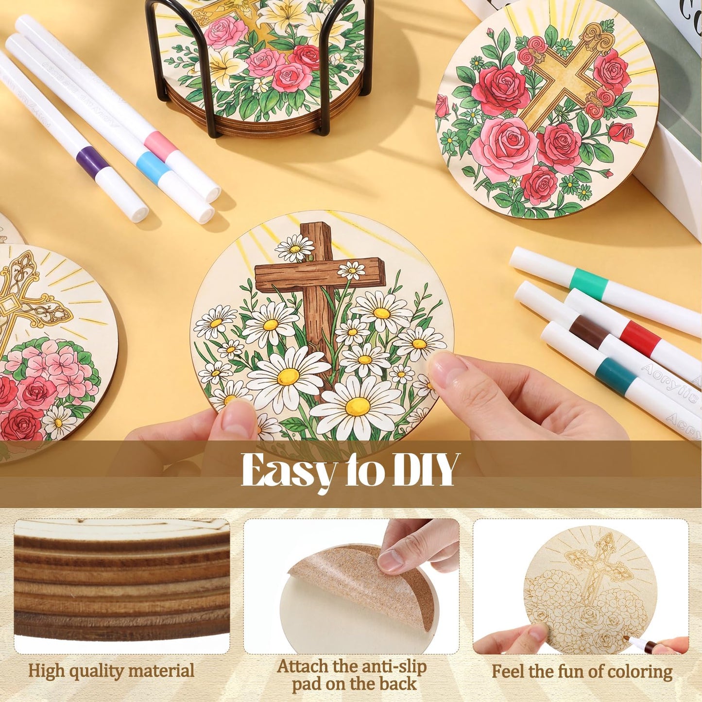 Reallnaive 45 Pcs Cross Wooden Coasters Painting Kit, 4 Inch Paint Your Own Christian Coasters with Markers, Religious Easter Arts and Crafts for Adults Women Seniors Elderly Crafters Gifts