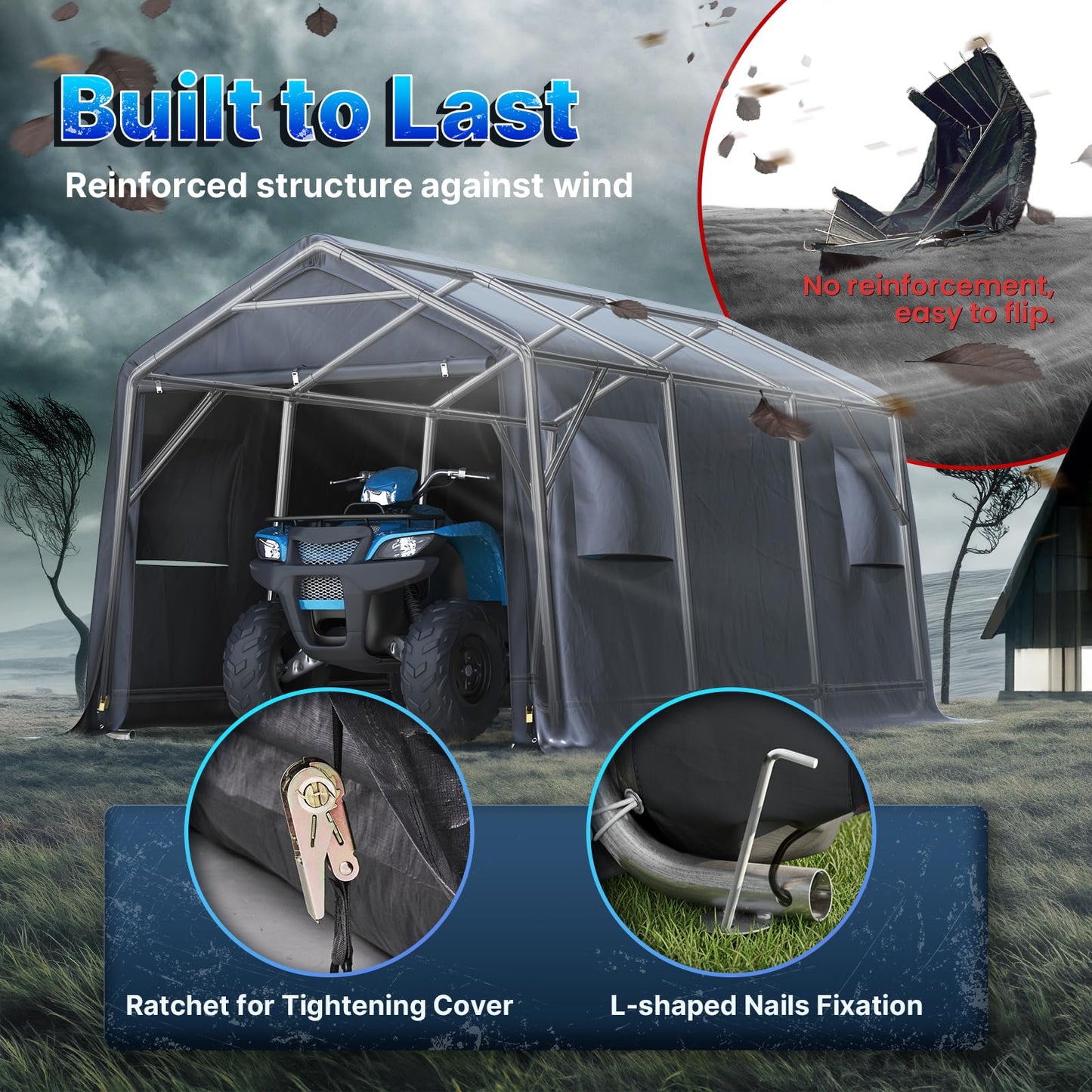 ADVANCE OUTDOOR 10x15 ft Shelter Storage Shed Steel Metal Peak Roof Portable Garage Carport for Motorcycle, Boat or Garden Tools with 2 Roll up Doors & Vents, Gray