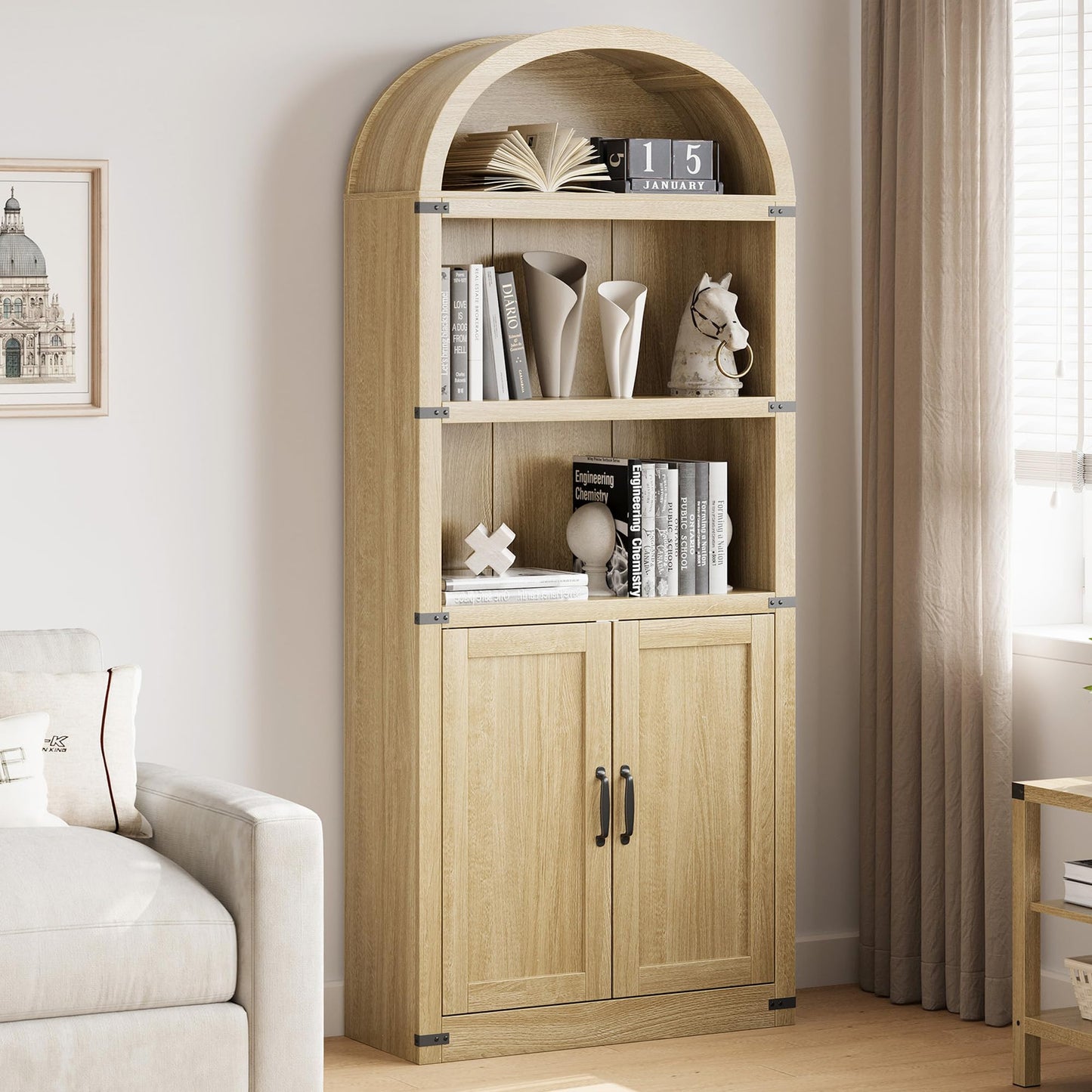GarveeHome Bookcase with Doors Arched Bookshelf 71.65 in Tall Bookcase Farmhouse Cabinet with Shelves Wooden Bookshelves for Home Office, Living Room (Light Oak)