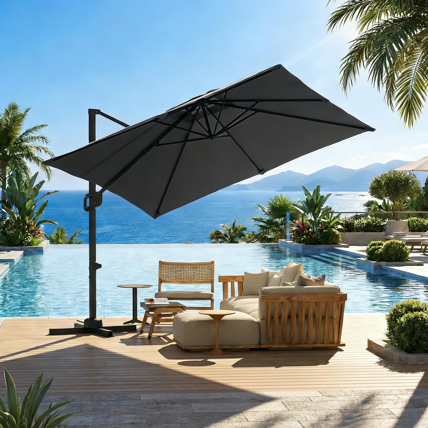 GarveeLife Large Cantilever Patio Umbrella, 10 ft X 10 ft Heavy Duty Aluminum Cantilever Offset Outdoor Umbrella with 360-Degree Rotation for Backyard, Deck, Pool (Grey)