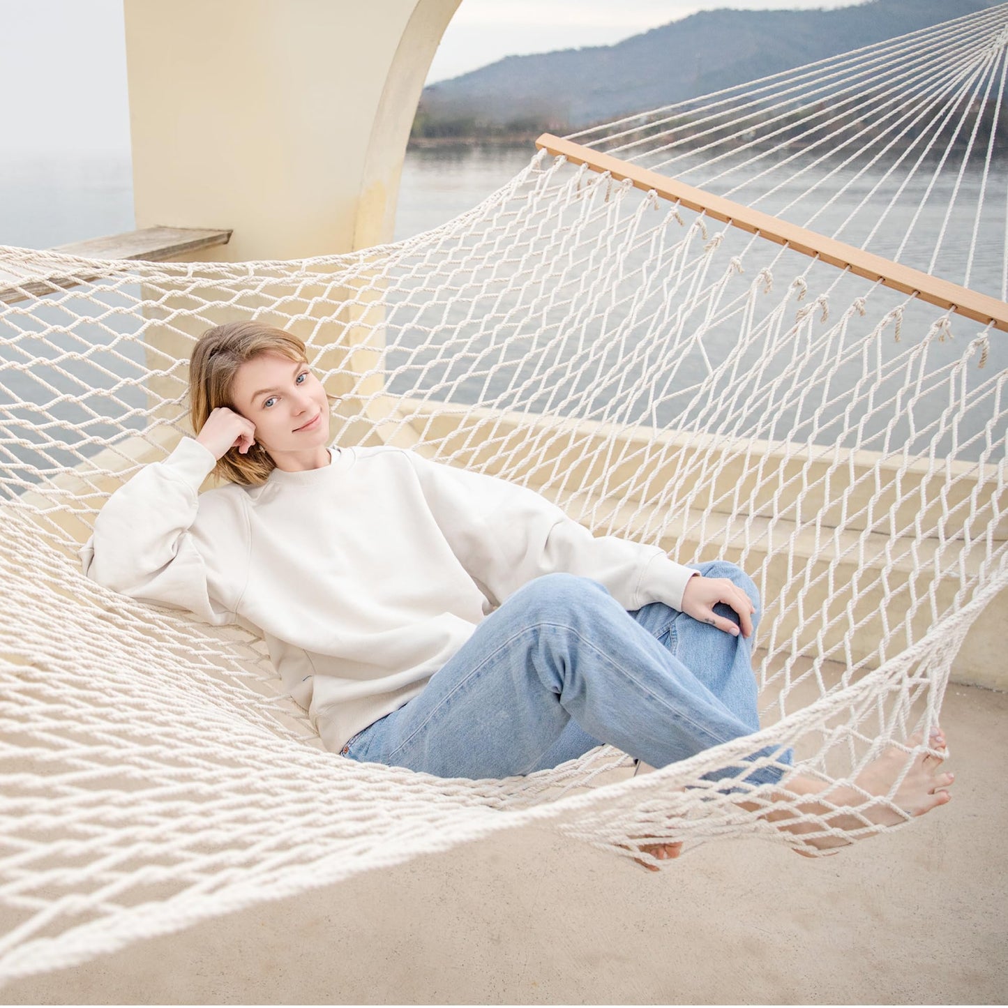 GAFETE 12ft Double Hammocks for Outside, Handwoven Traditional Cotton Rope 2 Person Hammock with Hardwood Spreader Bar, Chains & Hooks for Indoor Outdoor, Max 450 lbs Capacity (Natural Beige, Medium)