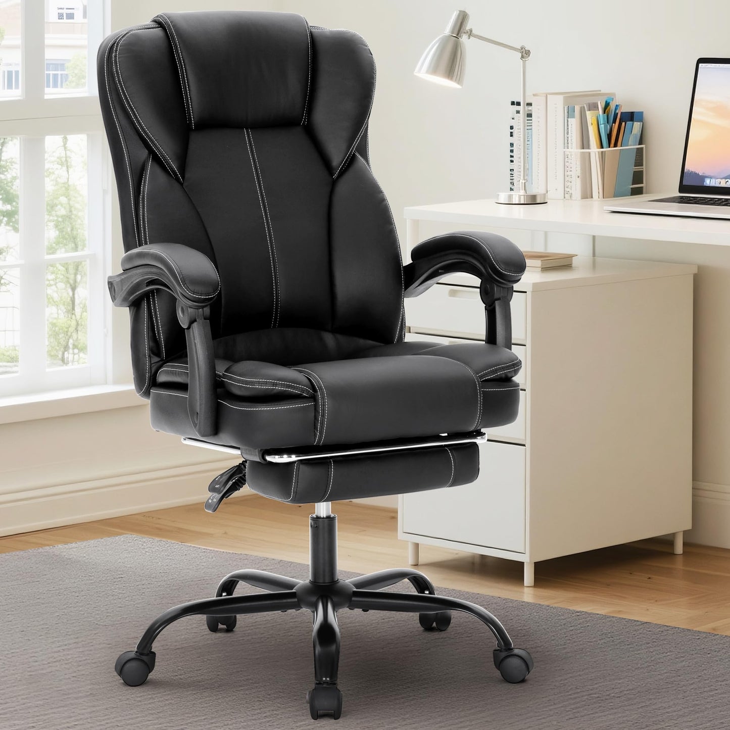 MAISON ARTS Ergonomic Office Chair, Big and Tall Executive Chair with Foot Rest, Computer Desk Chair with Padded Armrests, Rolling Swivel Faux Leather Chair for Home Office Man Woman, Black