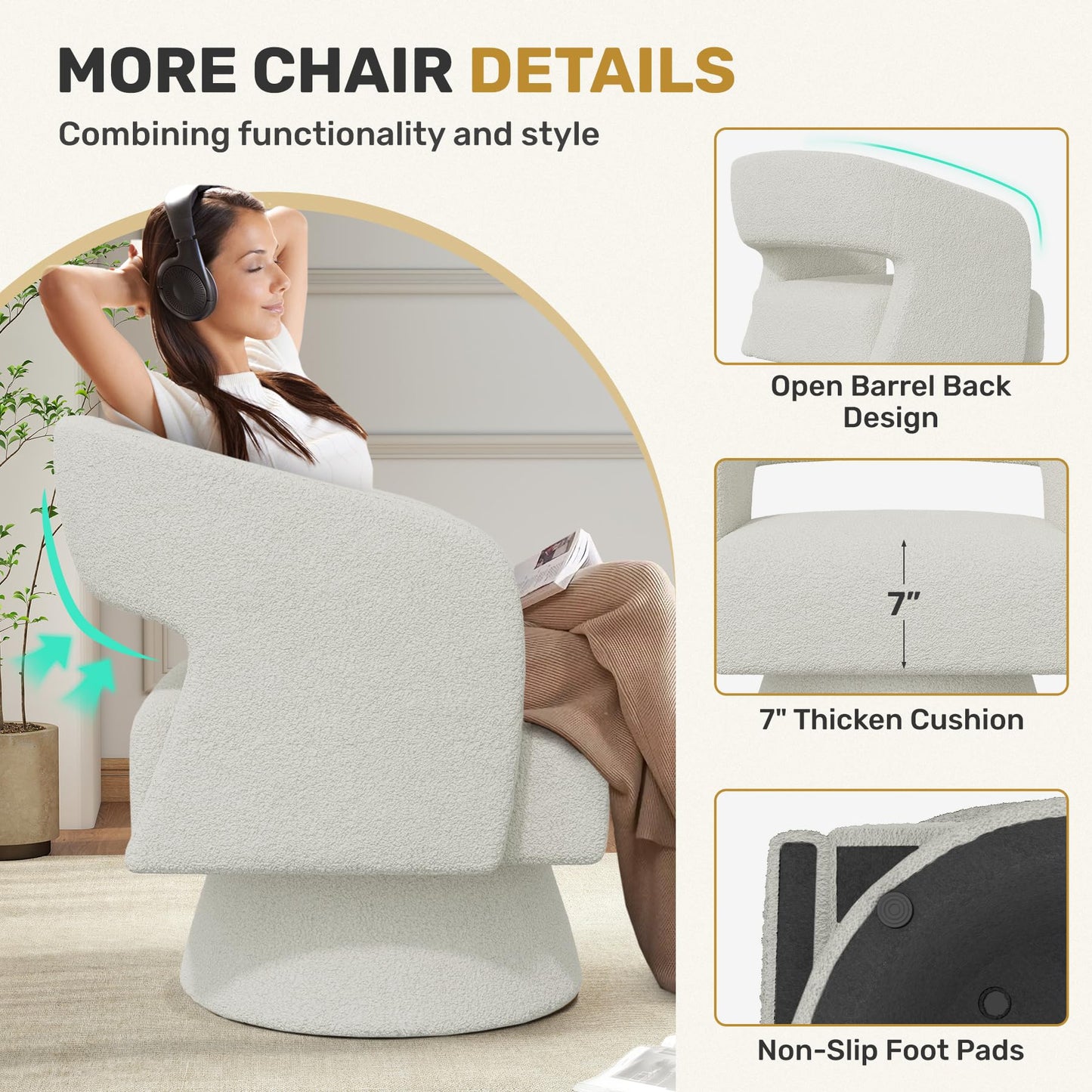 Nebuaegis Swivel Accent Chair Set of 2, Modern Comfy Teddy Barrel Chairs, Oversized Upholstered Round Arm Chair for Living Room, Bedroom, Reading Room, White