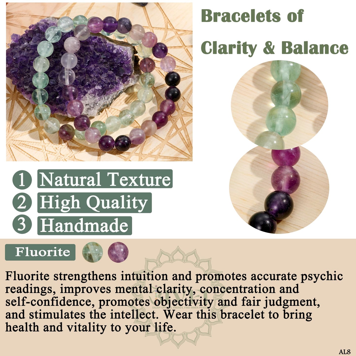 Bivei Natural Gemstone Semi Precious Crystals Handmade Stretchy Round Beads Bracelet, Enhance Positive Energy,Stocking Stuffers for Women(Fluorite(Clarity & Balance) Medium)