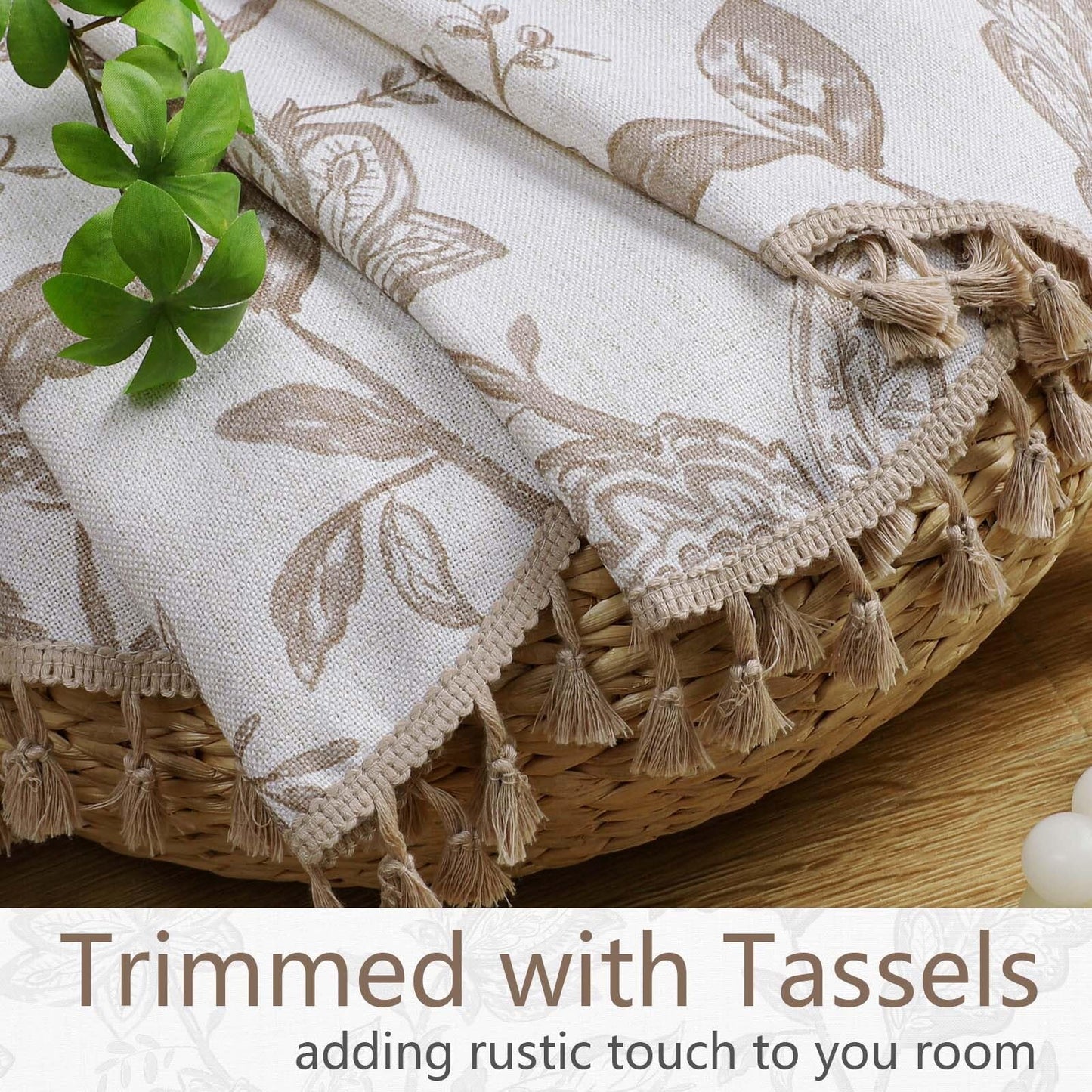 Ebesto Scalloped Valance for Windows - Faux Linen Textured Short Kitchen Valance with Tassels, Farmhouse Floral Printed Small Window Curtains for Bathroom Basement RV, 1 Piece, 52Wx18L Inches, Taupe