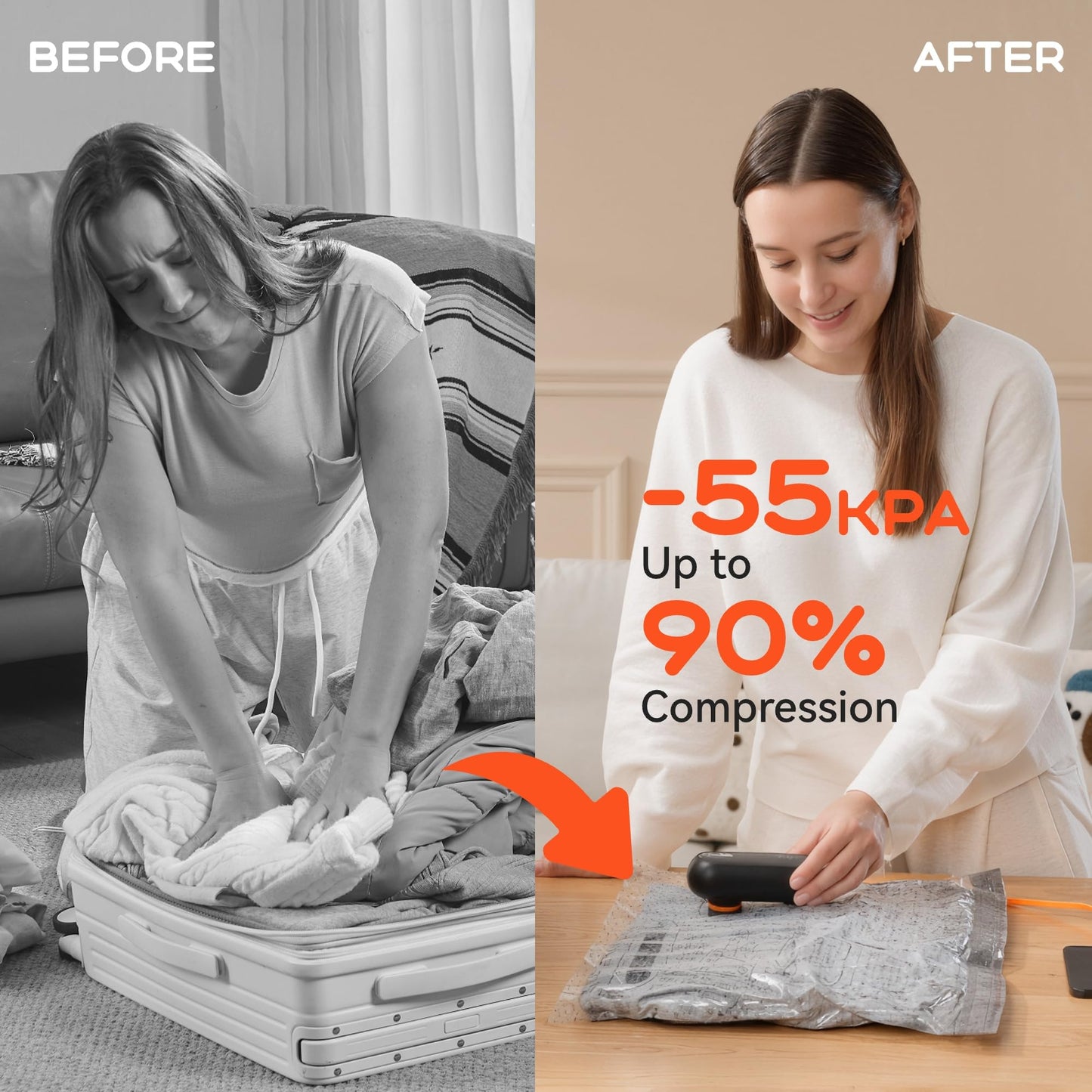 VOLLYC Vacuum Bags for Clothing with 55kPa Air Pump, 20 Pack Vacuum Seal Bags for Travel, Space Saver Bags for Luggage and Suitcases, Carry-on Size Compression Packing Bags