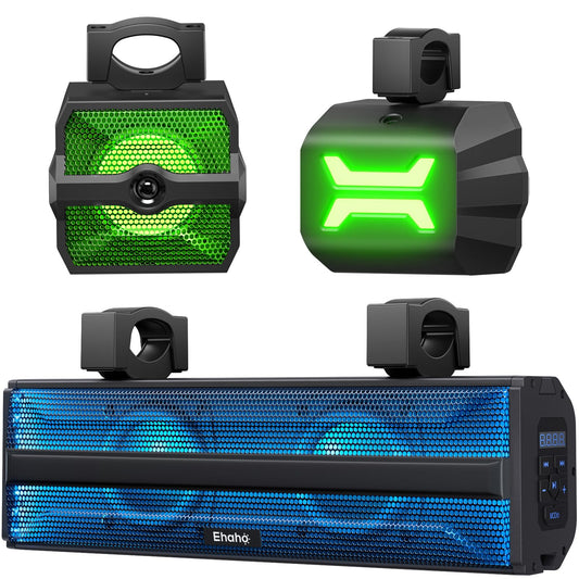 Ehaho 2.1CH Stereo UTV Sound Bar (Subwoofer) and Speakers, 16 Inch Bluetooth ATV Soundbar with RGB Lights, Waterproof Golf Cart Speakers, Marine Sound bar Compatible with SXS Polaris RZR Can-Am