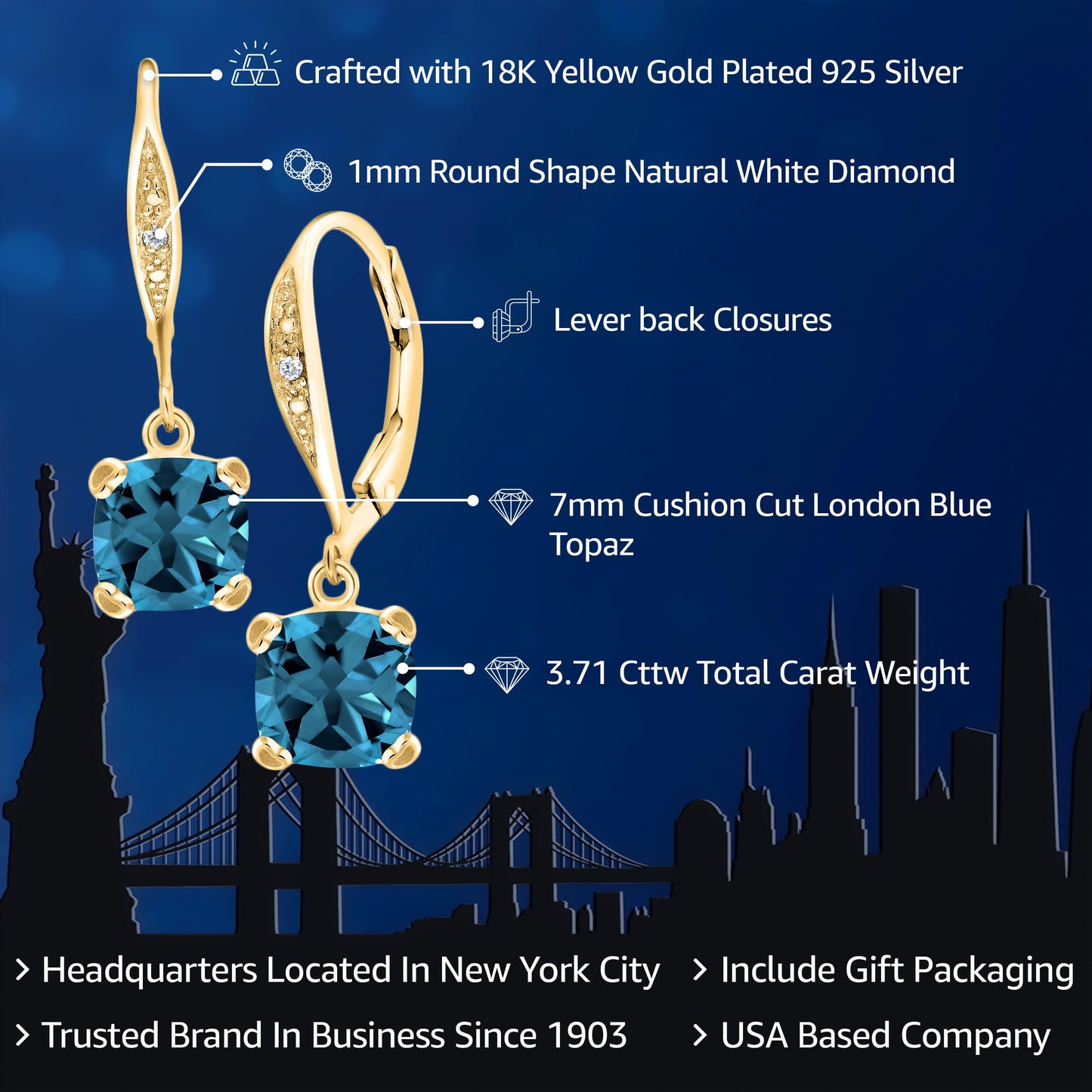 Gem Stone King Drop Dangle Earrings For Women | 7MM Cushion Cut Gemstone Birthstone and Diamond | 925 Sterling Silver | Jewelry Gift for Mom Wife Her | London Blue Topaz-November | Yellow Gold