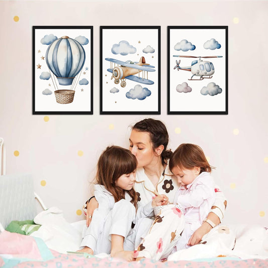 Baby Boy Nursery Wall Art Set of 3, Vintage Blue Travel Boys Room Wall Decor Paintings, Toddler Hot Air Balloon Plane Helicopter Posters Prints Pictures for Kids Room Bedroom 12x16 Inch Wood Framed