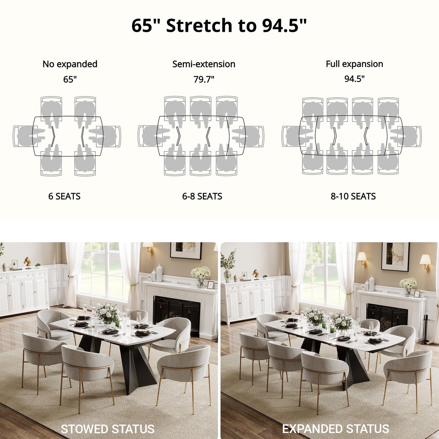 Extendable Dining Table with Leaf, 65"-95" Rectangular Sintered Stone, Marble-Look Top, Seats 6-12, Metal Base, Easy-Clean, Heat & Scratch Resistant, Dining Room/Kitchen Table for Family Gatherings