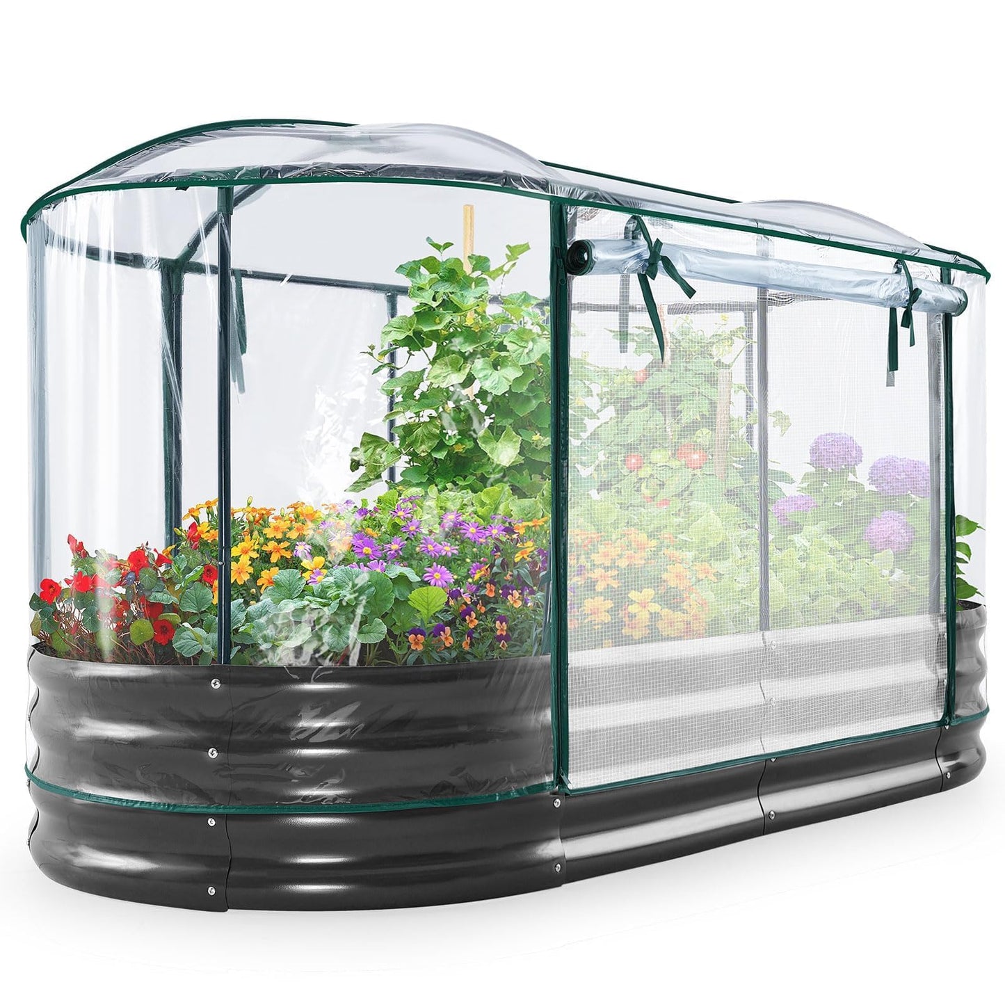 KING BIRD Raised Garden Bed with Cover Galvanized Oval Planter Garden Box Outdoor for Gardening, Vegetables, Flowers 71x36x12 in, White