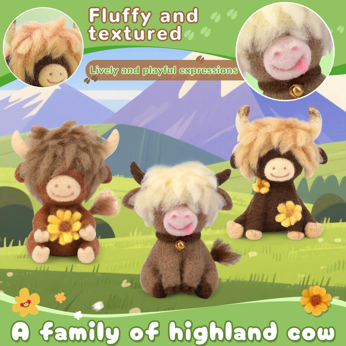 Yizzvb Needle Felting Kit, Highland Cow Family Needle Felting Kits for Beginners Adult with Instruction, Wool, Felting Needles, Felting Pad, Wool Felting Kits for Beginners DIY Home Decoration