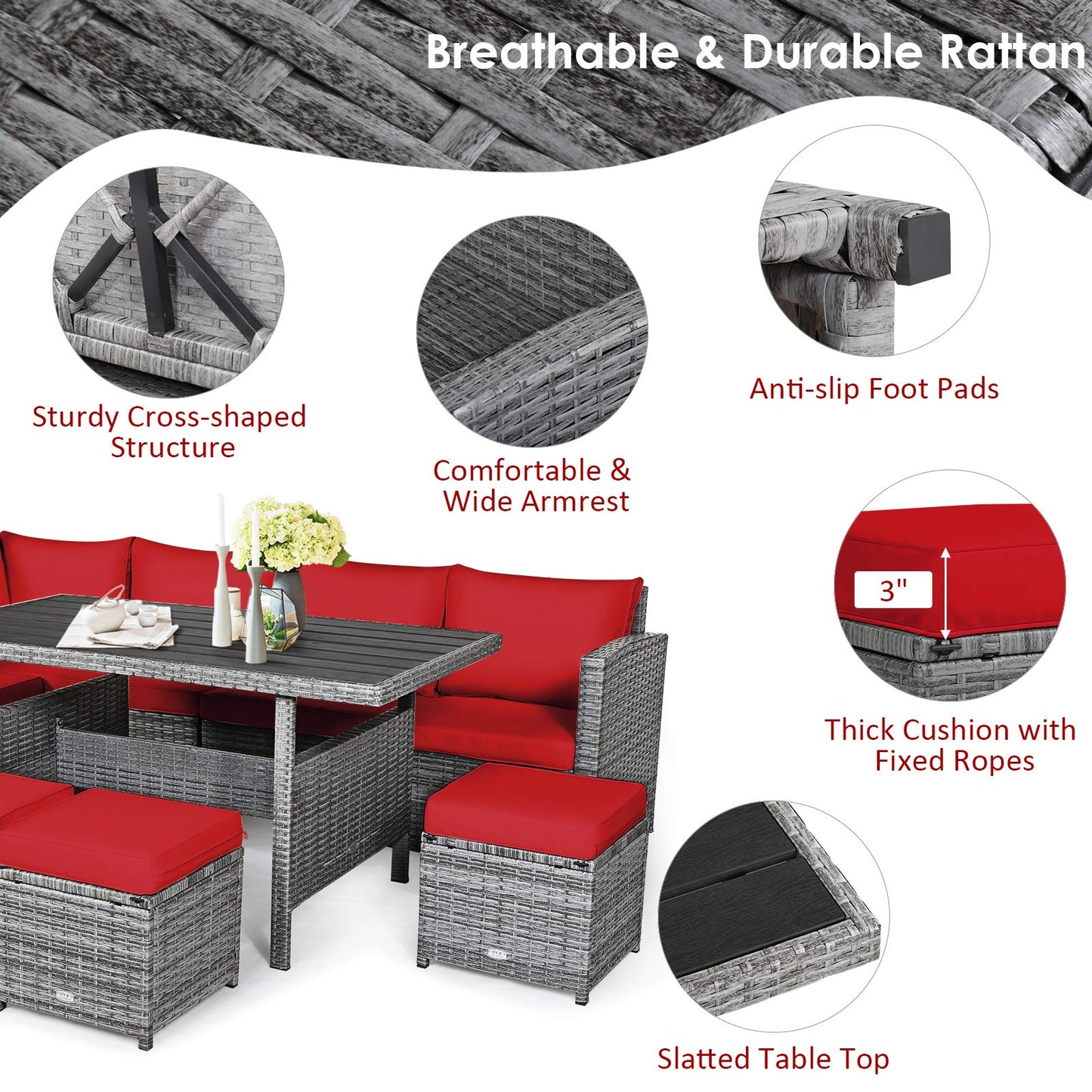 Tangkula 7 Pieces Patio Furniture Set, Outdoor Sectional Rattan Sofa Set with Cushions, All Weather Wicker Conversation Couch Set w/Dining Table & Ottomans for Backyard Garden Poolside