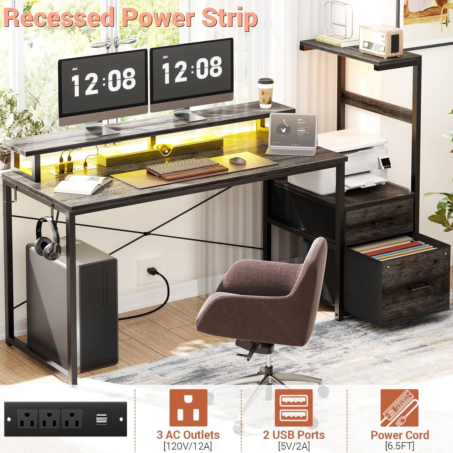 Aheaplus Gaming Desk with LED Strip & Power Outlet, 59Inch Reversible Computer Desk with Monitor Stand & Storage Shelves, Home Office Desks with Fabric File Drawer, Gamer Table PC Desk, Black Oak