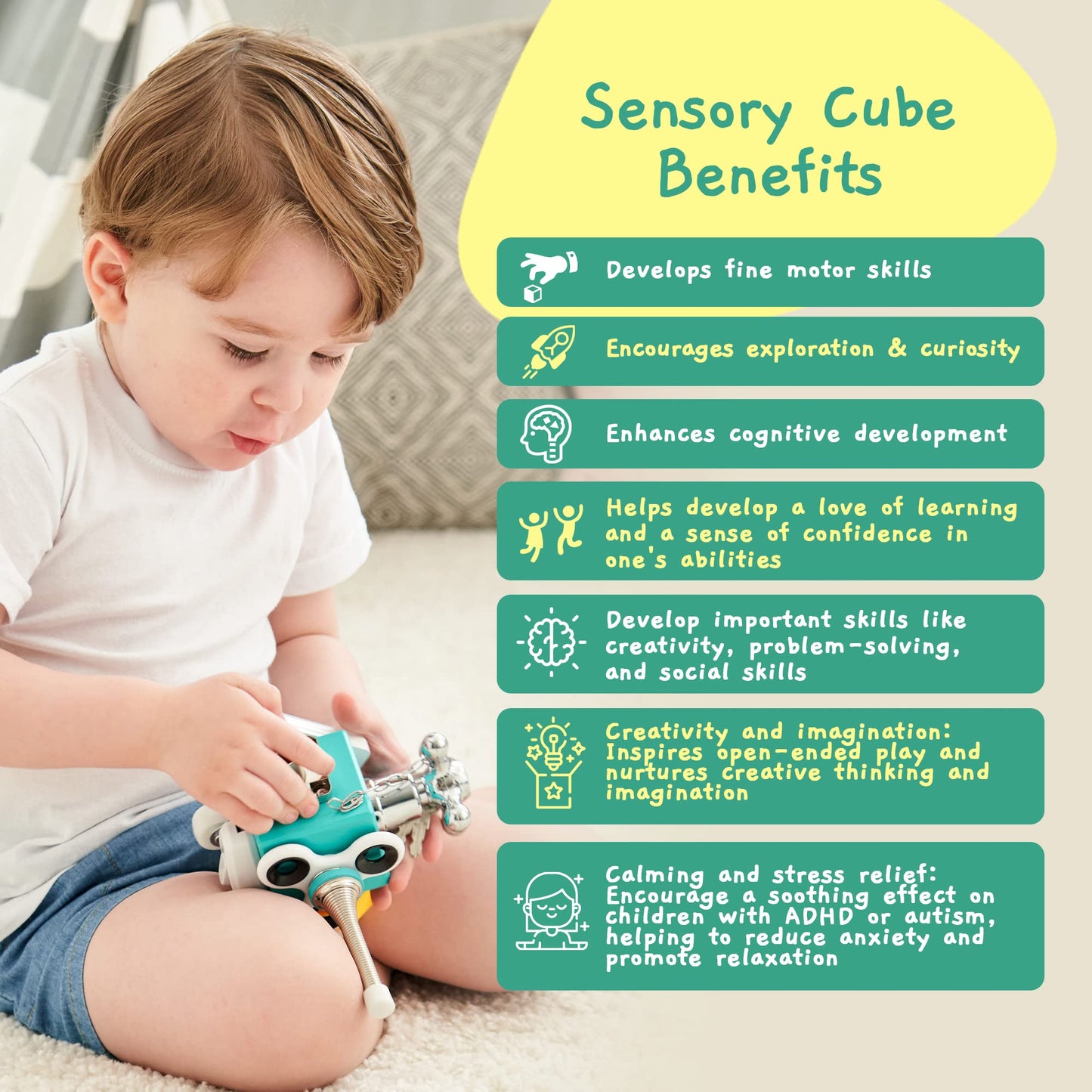 Busy Cube Sensory Toys for Toddlers is a Handmade Montessori Fidget Cube - Wooden Busy Board Baby Activity Cube Travel Toy for Children with Autism Toys & ADHD 1 2 3