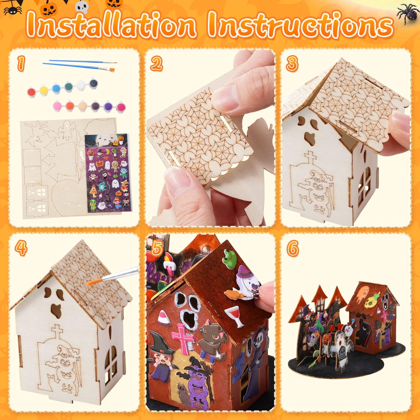 Poen 4 Set 3D Wooden Halloween Haunted House Crafts Kit DIY Wood Ghost House Puzzles Set with Paints Brushes Stickers for Halloween Home Table Decoration Party Gifts Supplies Indoor Decor