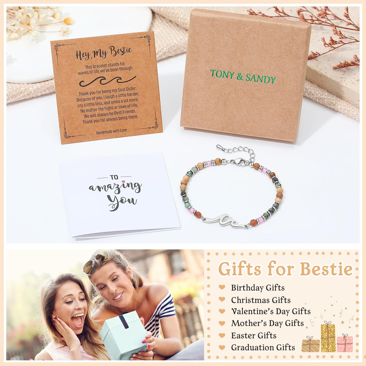 TONY & SANDY Best Friend Friendship Gifts for Women, Wave Friendship Bracelets, Bestie Best Friend Birthday Gifts for Women Female BFF Graduation Her Christmas Easter Teen Adult Mothers Day