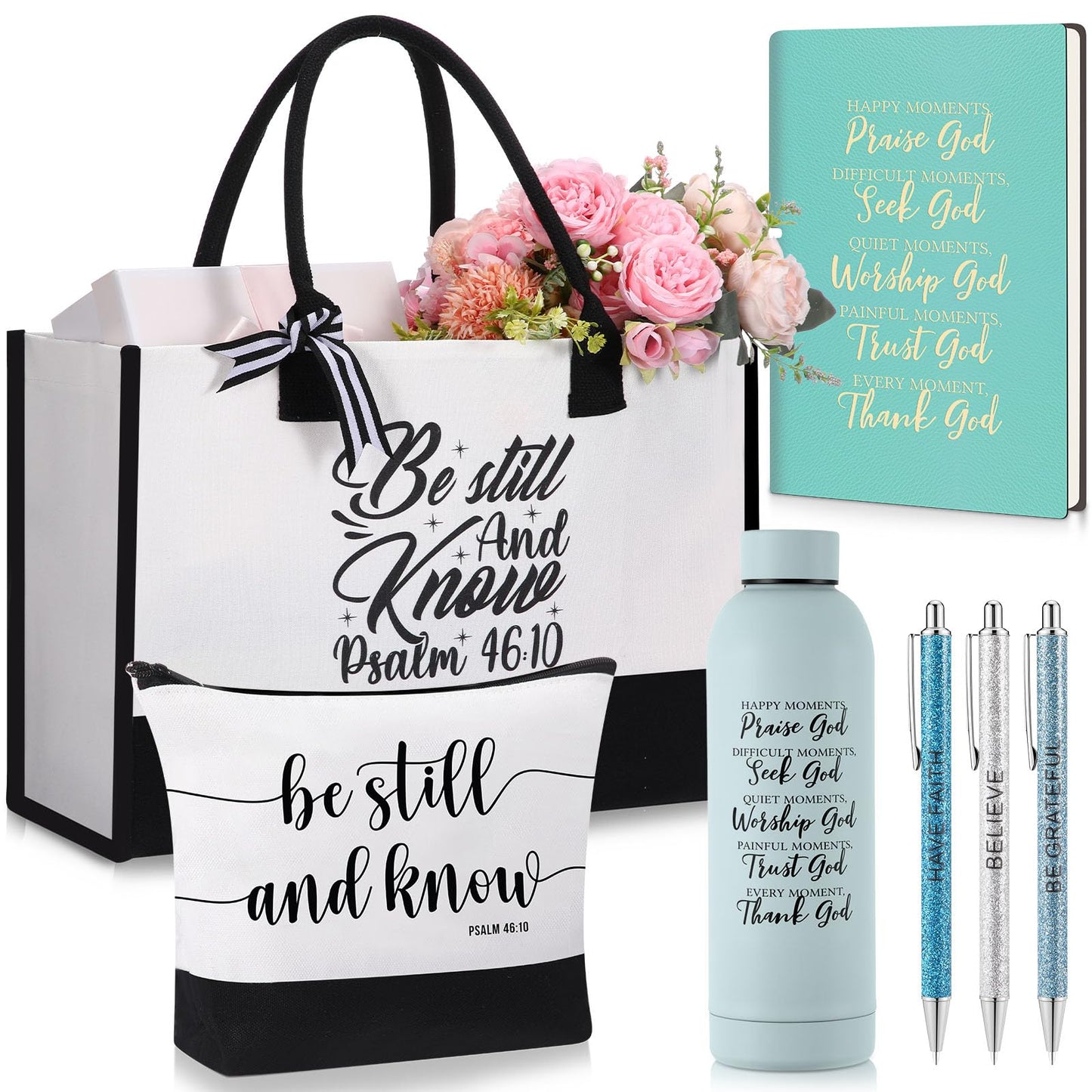 Shinylin Light Blue 7 Pcs Christian Gift for Women Faith, Inspirational Religious Bible Verse Gifts, Catholic Tote Bag Makeup Bag Pens