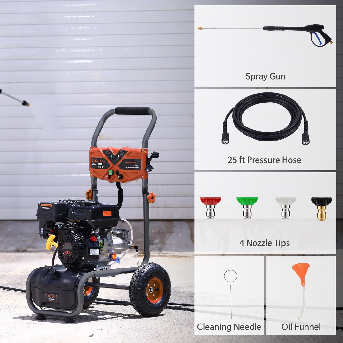 AidBuilt 3500 PSI Gas Pressure Washer, 2.3 GPM High Power Washer with 209CC Engine, 25FT Hose, 4 Quick-Connect Nozzles, for Cleaning Walls, Vehicles, Gardens, Driveways, Concrete(Orange)
