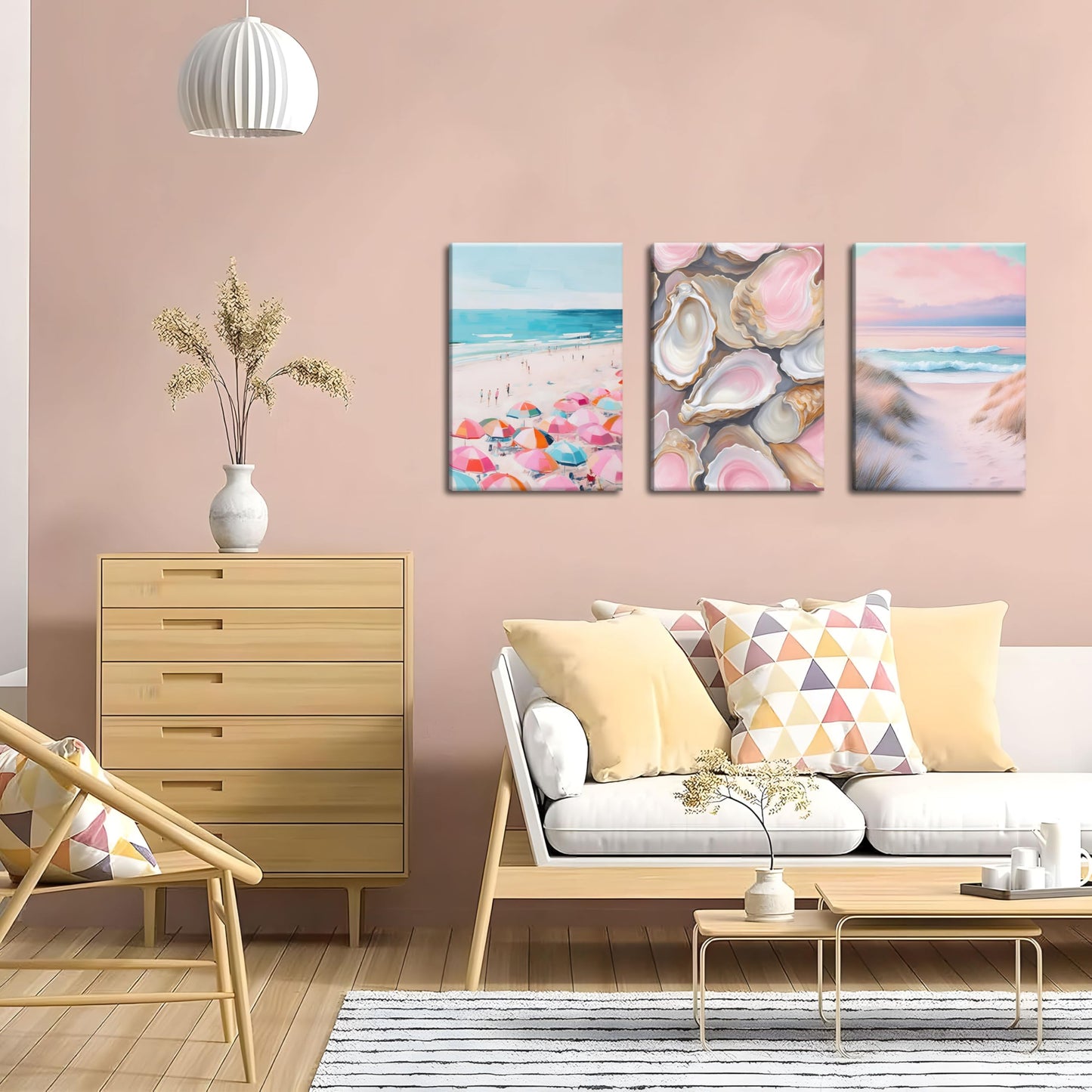 Preppy Coastal Canvas Wall Art Set of 3, Trendy Pink Beach Wall Decor Paintings, Summer Beachy Shells Oyster Aesthetic Posters Prints Pictures for Girls Room Dorm Bathroom Bedroom 16x24 Inch Framed
