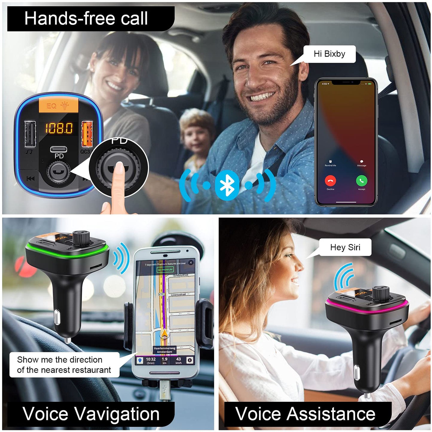Bluetooth FM Transmitter for Car - BAISHUN Bluetooth 5.0 Adapter PD20W+QC3.0 Cigarette Lighter Radio Receiver Music Player Car Charger Supports Hands-Free Call Siri Google Assistant