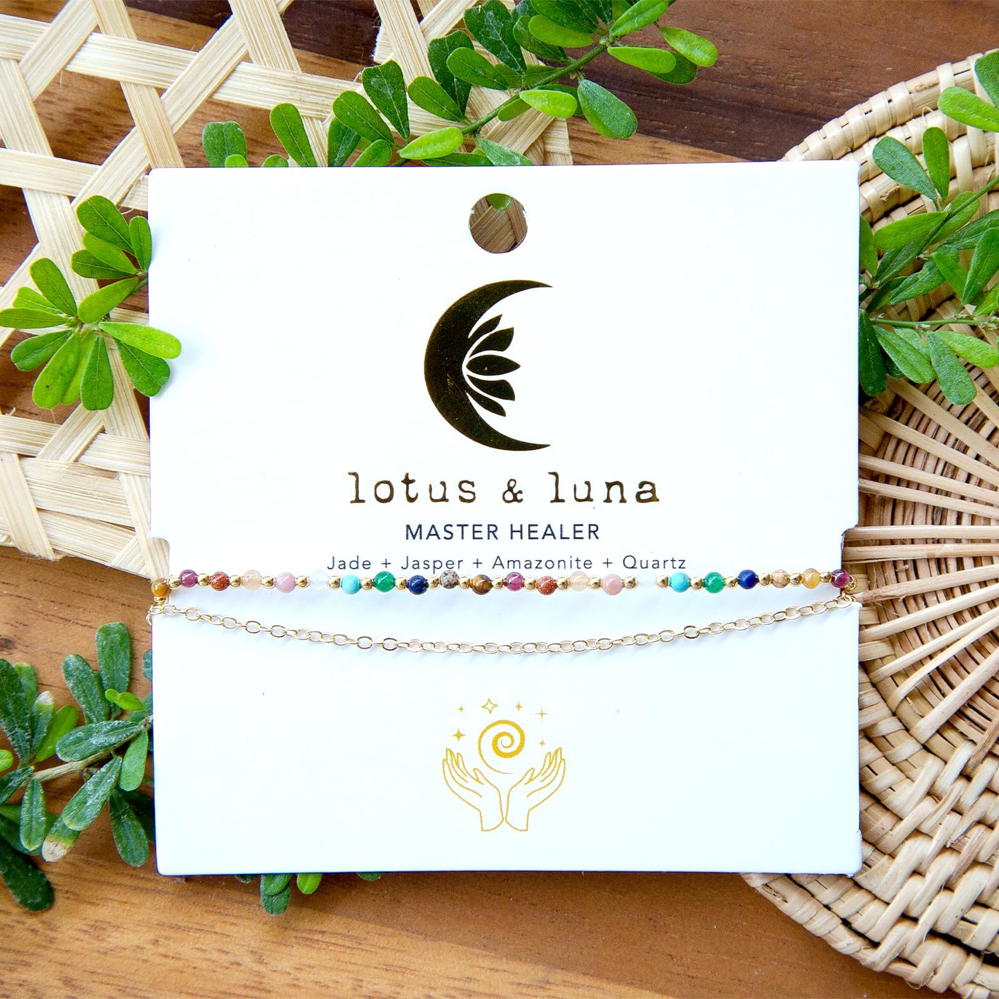 Lotus and Luna 2MM Master Healer Energy Chakra Healing Dainty Layered Bracelet with Real Stones Jade, Pearl, Rose Quartz, Amethyst, Moonstone (Master Healer Yellow Gold)