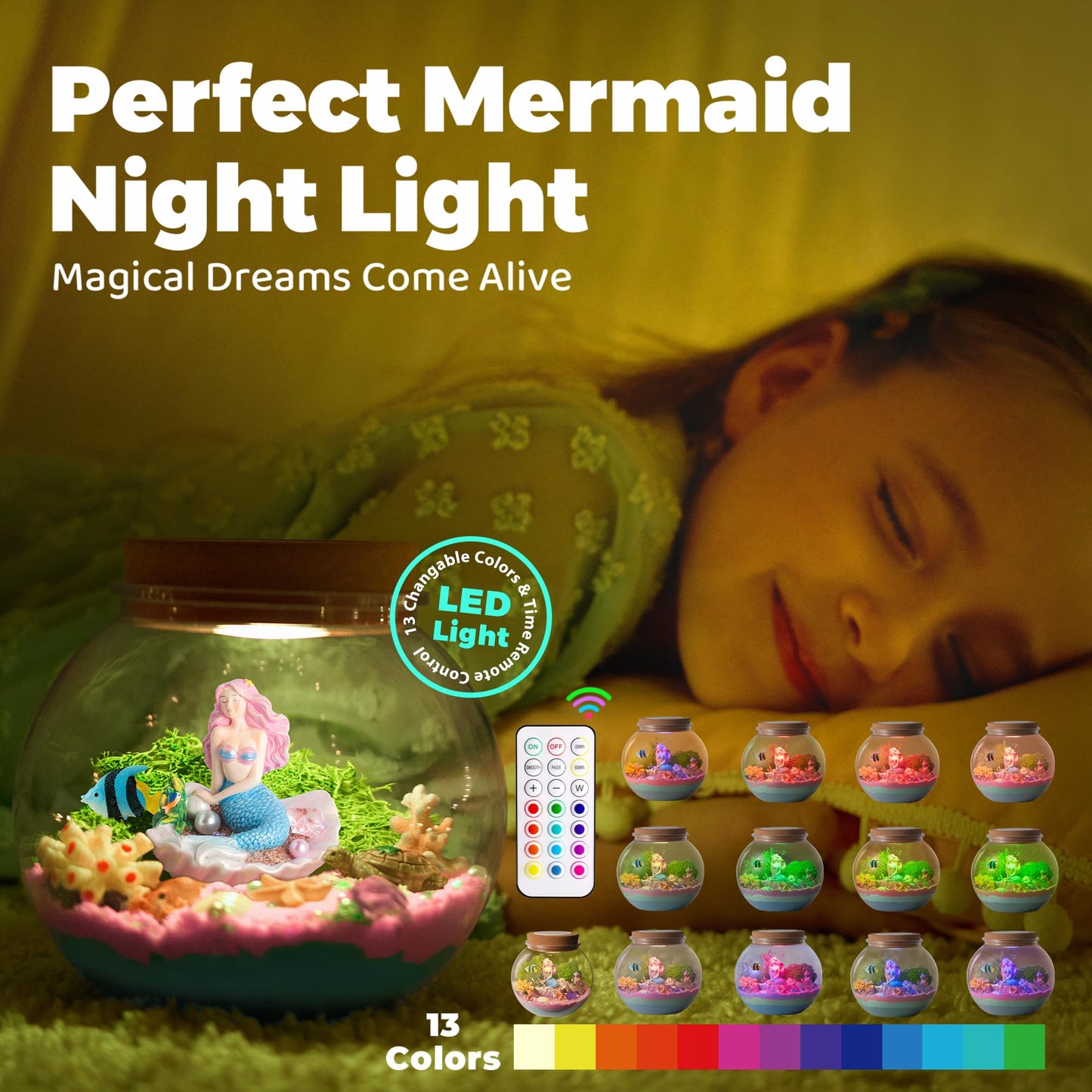 JOYEEMAX Mermaid Light-Up Terrarium Kit for Kids - LED Night Light Birthday Gift for Girls Ages 4 5 6 7 8-12 Year Old - Mermaid Toys for Girls - DIY Arts and Crafts Kit for Kids