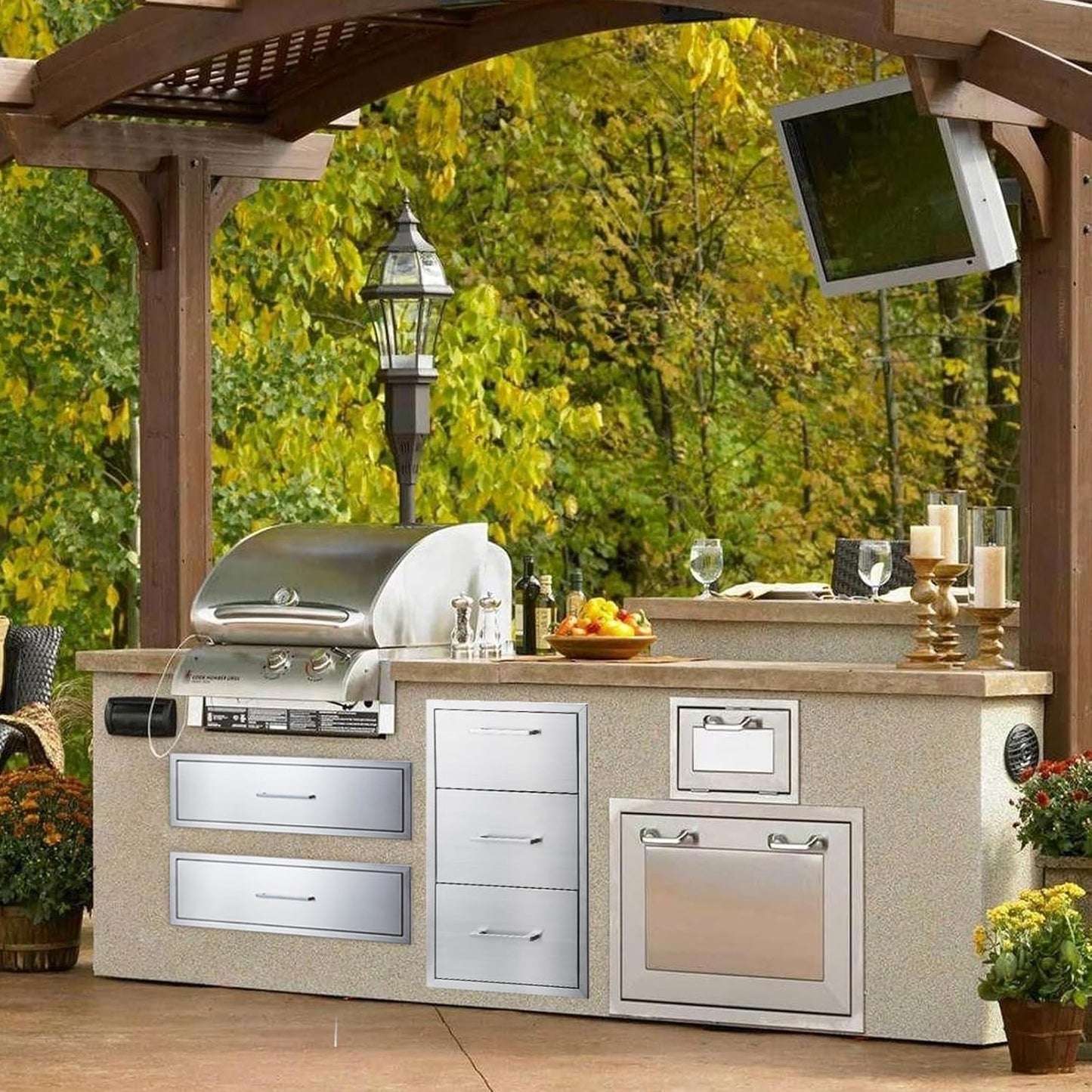 yuxiangBBQ 17W30H21D Inch Outdoor Kitchen Drawers Stainless Steel Double Drawer w/Paper Towel Holder Combo Works with Your Grilling or Prep Zones for Outdoor BBQ Island