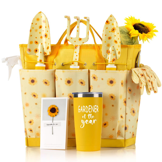 Garden Tool Set with Sunflower Print, Heavy Duty Gardening Hand Tools with Garden Tool Bag,Gardening Gifts for Women&Men,Yellow
