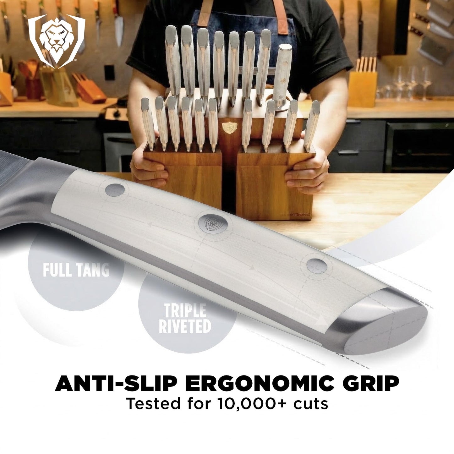 Dalstrong 18-Piece Kitchen Knife Set Block - High Carbon German Steel Full Tang - Acacia Wood Knife Block Set - White Handles ABS Gladiator Series - Professional NSF Knives set for Kitchen Cuchillos