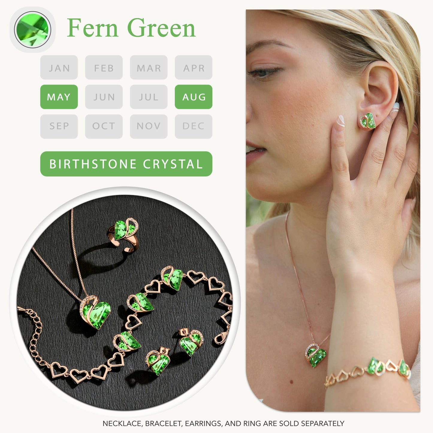 Leafael Gifts for Women Rose Gold Plated Necklaces: Heart Fern Green Crystal, August Birthstone, Hypoallergenic Chain (18"+2"), Birthday Jewelry for Mom, Wife, and Girlfriend
