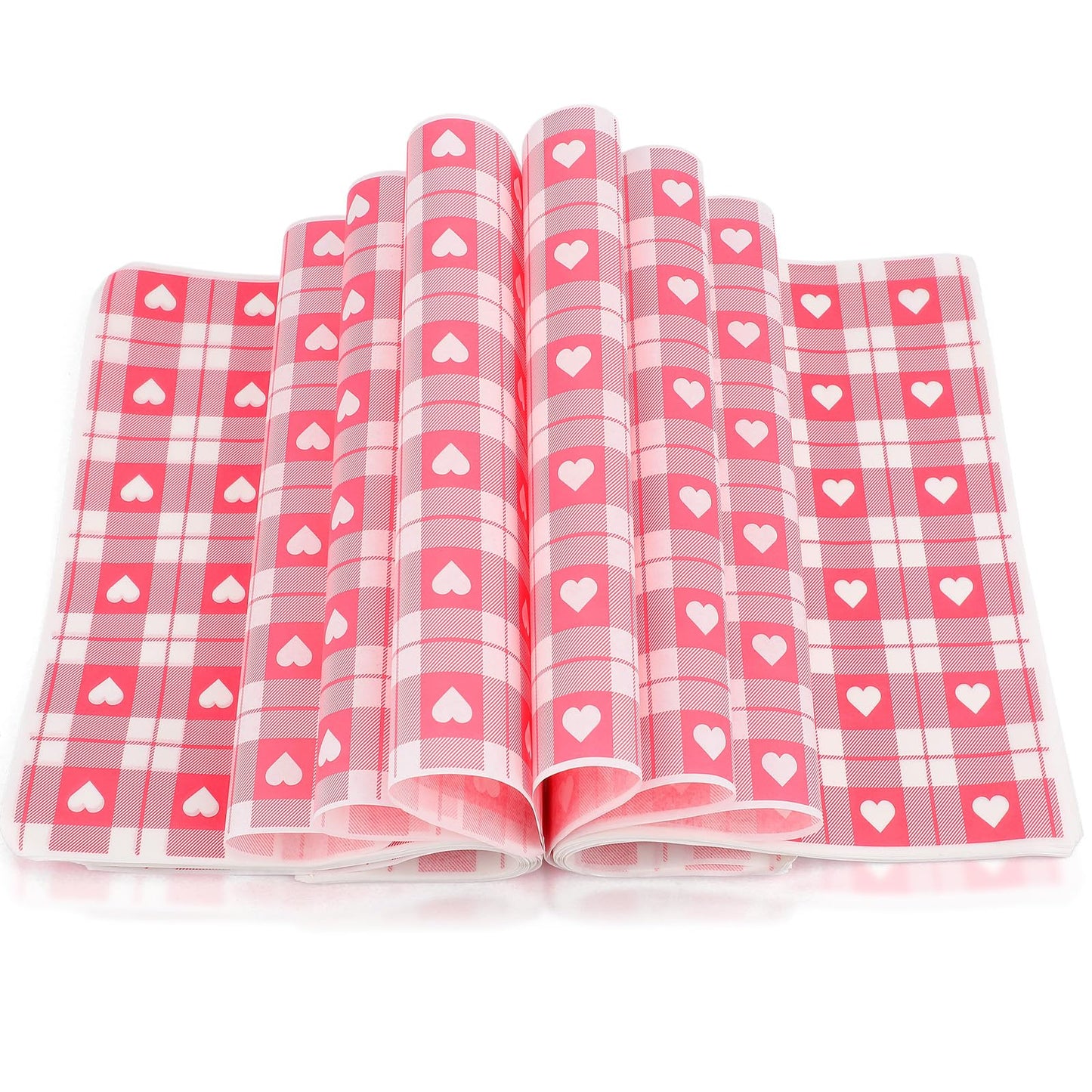 Honeydak 150 Pieces Valentines Wax Paper Sheets Heart Decorative Parchment Sheets Food Basket Liner Greaseproof Paper Liners for Baking Valentines Day Party Favors(Pink Plaid Heart)