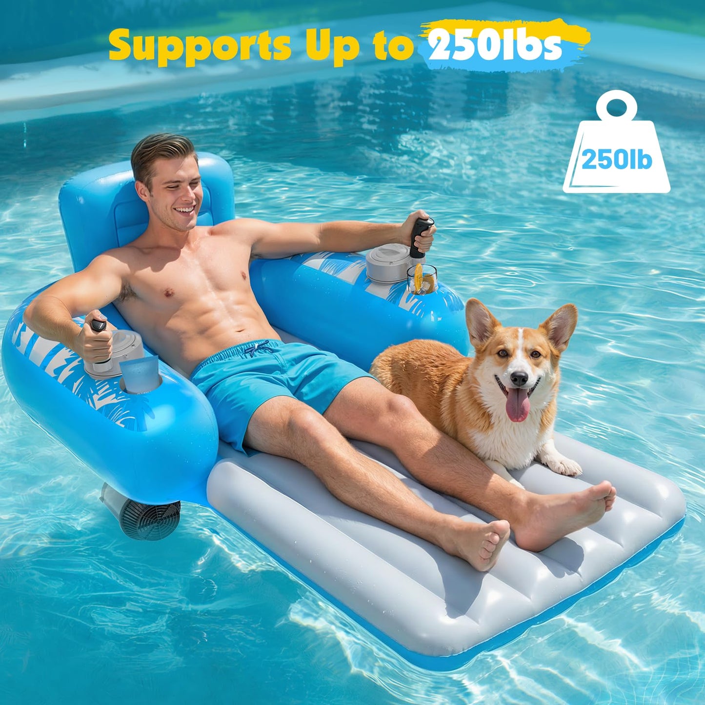 HopeRock Inflatable Motorized Pool Floats for Adults - Rechargeable Pool Lounger with Dual Motors & 2 Storage Compartments, Electric Water Lounger Float, Pool Raft Holds up to250lb, Pool Toys Adults