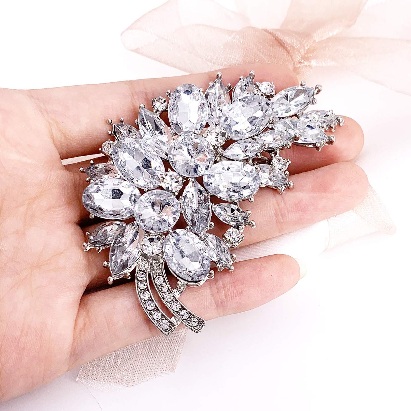 LAXPICOL Vintage Clear Austrian Crystal Flower Leaf Bouquet Clusters Large Big Brooch Pin For Women Wedding Jewelry