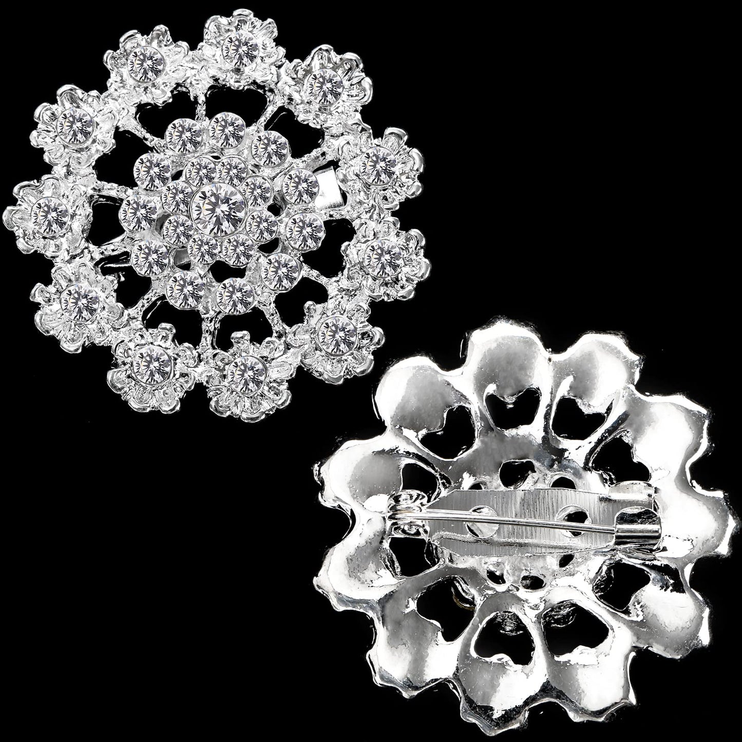 Hiceeden Lot 24 Pcs Crystal Brooches Pins, Silver Shining Clear Rhinestone Brooches Flower Jewelry Bridal Wedding Bouquet Kit Gift for Girls, Women, DIY Decoration