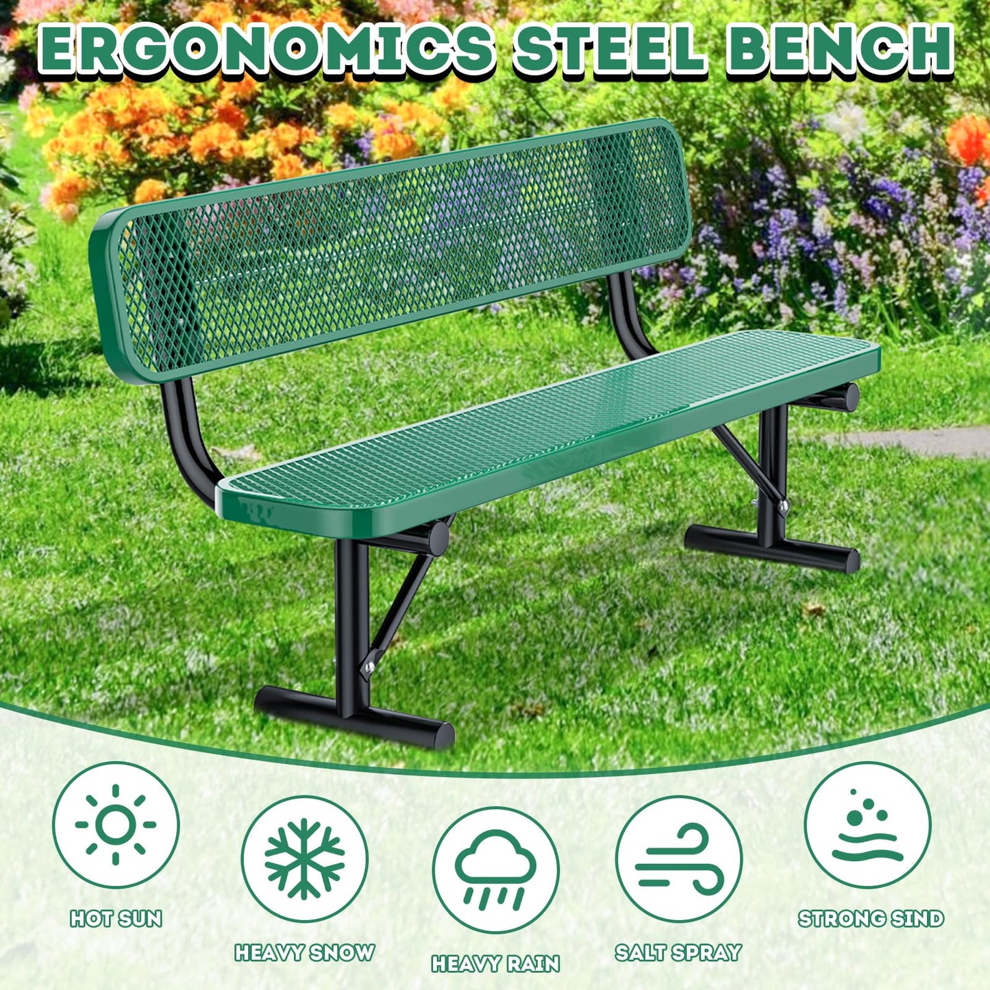 Gaonala 6Ft Heavy Duty Park Bench with Back Portable Frame, Outdoor Steel Bench with Backrest, Expanded Metal Mesh Bench for Lawn, Park, Deck, Garden, Patio, Porch, Green
