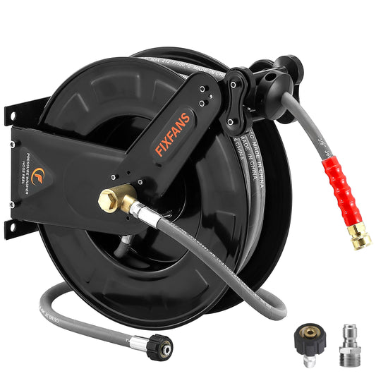 FIXFANS Pressure Washer Hose Reel with Hose for Hot and Cold Water, 3/8" X 50 FT Steel Auto-Retractable High Power Wash Hose Reel, Heavy Duty Hose Reel - Wire Braided Hose 4000 PSI, Black