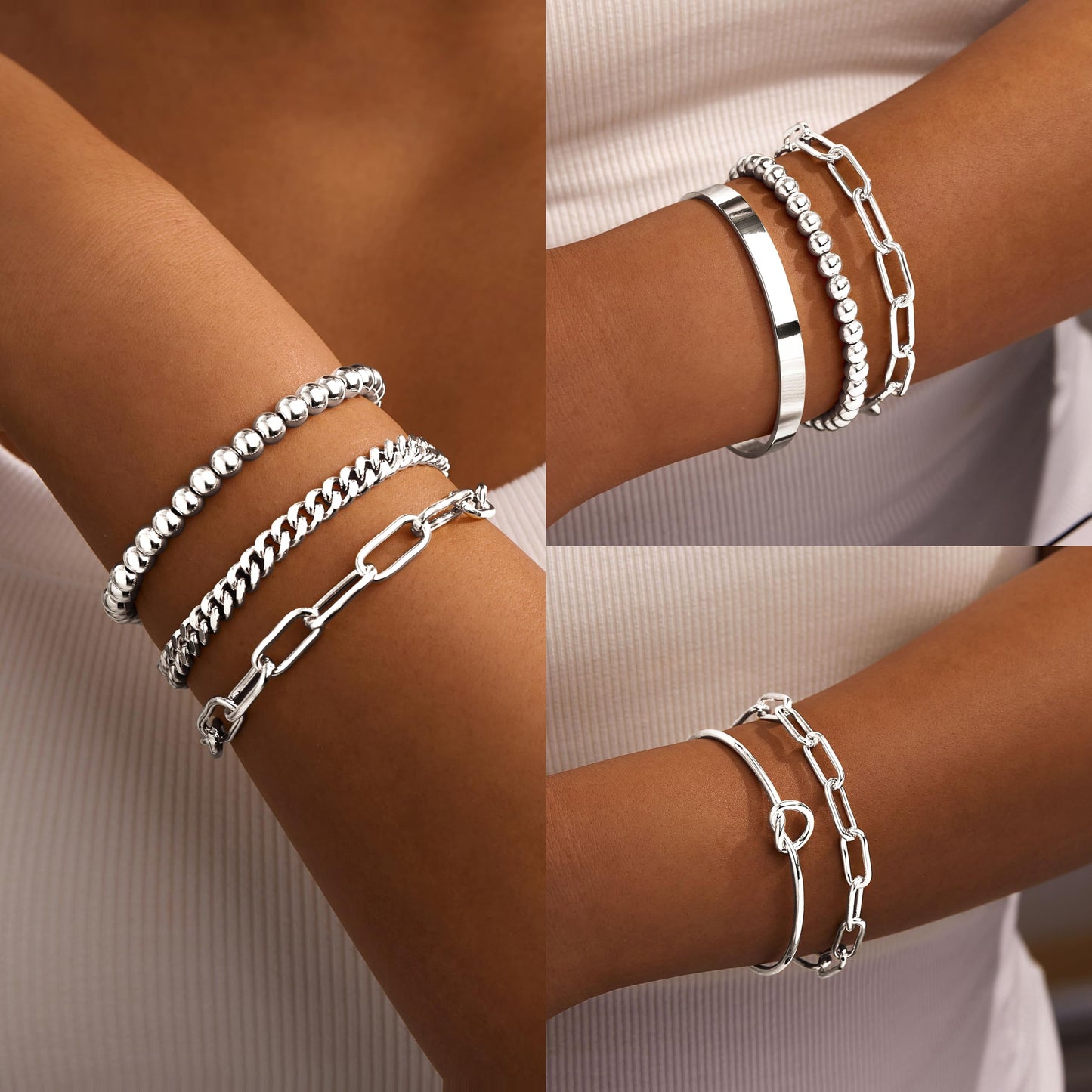 Gokeey Silver Bracelets for Women Non Tarnish Waterproof Silver Plated Bracelets Stack Dainty Chunky Bangle Cuff Love Knot Paperclip Bead Cuban Layered Chain for Jewelry Gifts