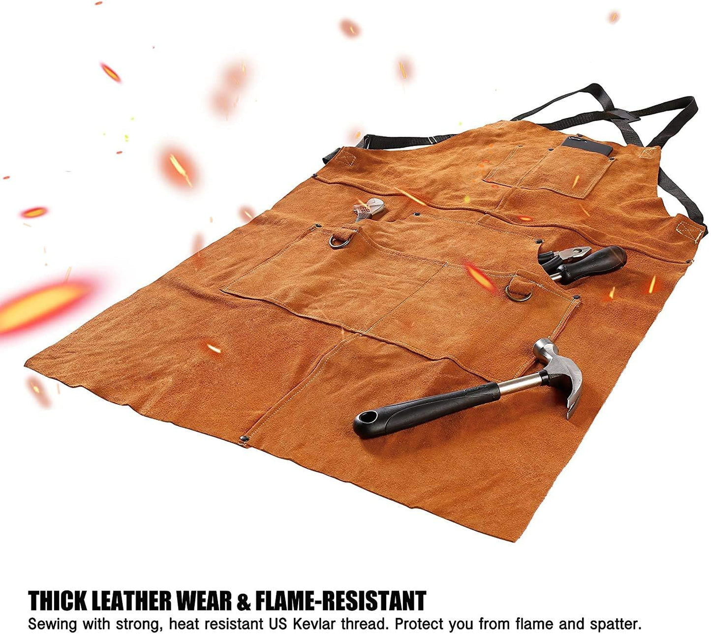 QeeLink Leather Welding Work Shop Apron with 6 Tool Pockets, Heat & Flame Resistant Cowhide Heavy Duty Blacksmith Apron, 24" x 36", Adjustable M to XXXL for Men & Women (Brown)