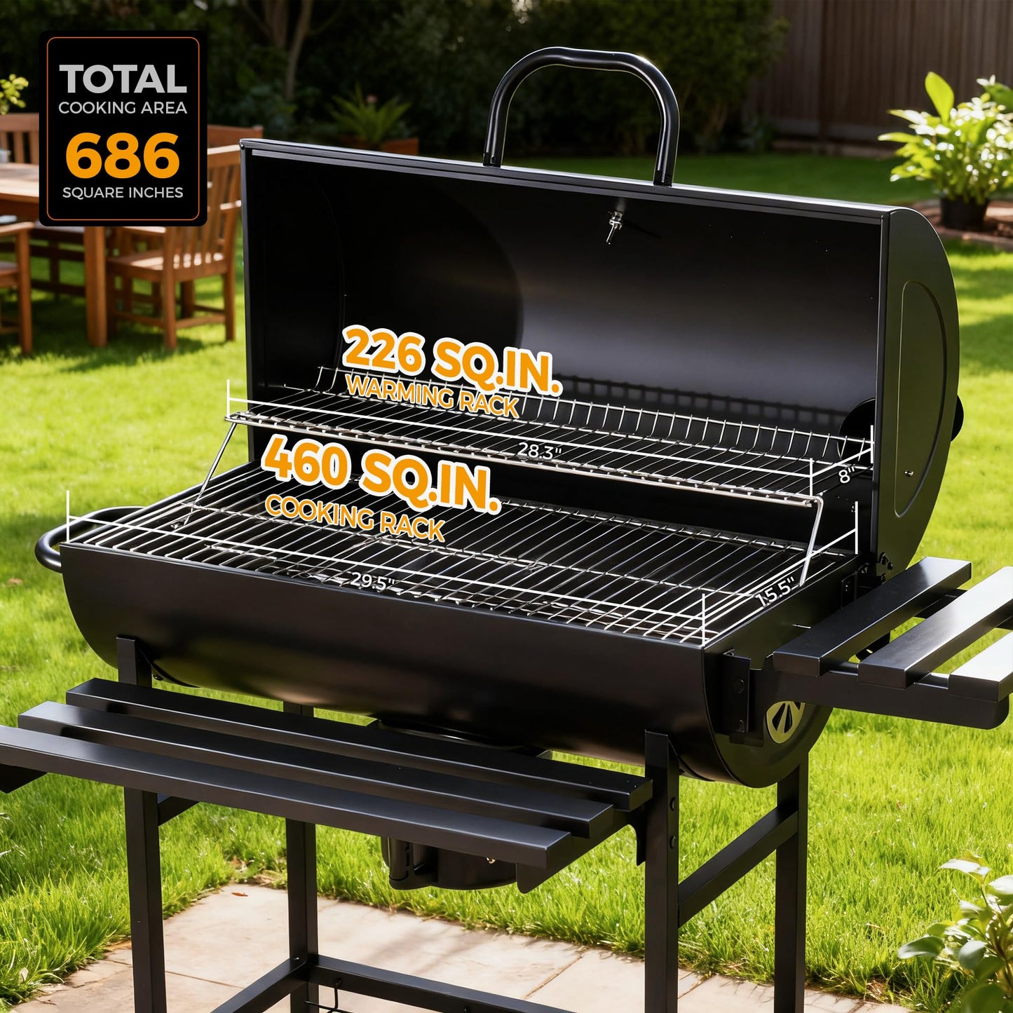 MASTER COOK Barrel Charcoal Grill with Foldable Front Shelf, 686 Sq.in. Cooking Area Outdoor bbq Grill,Thermometer and Adjustable Air Vents for Patio, Parties,Backyard, Tailgating, Black
