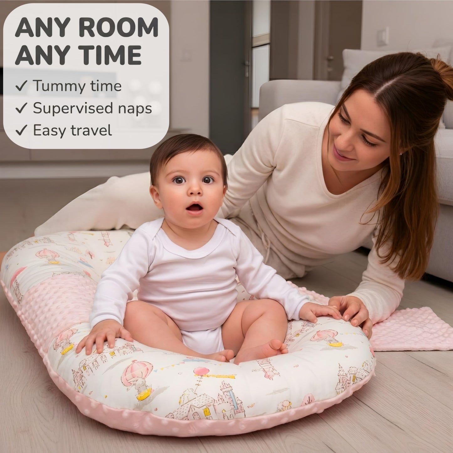 Baby Lounger Pillow for Newborn – Large Infant Lounger 0-24 Months | Anti-Startle Removable Wings, Breathable Mesh Core | 2-Sided Cotton & Minky Cover | Tummy Time Mat, Portable Baby Nest (Pink)