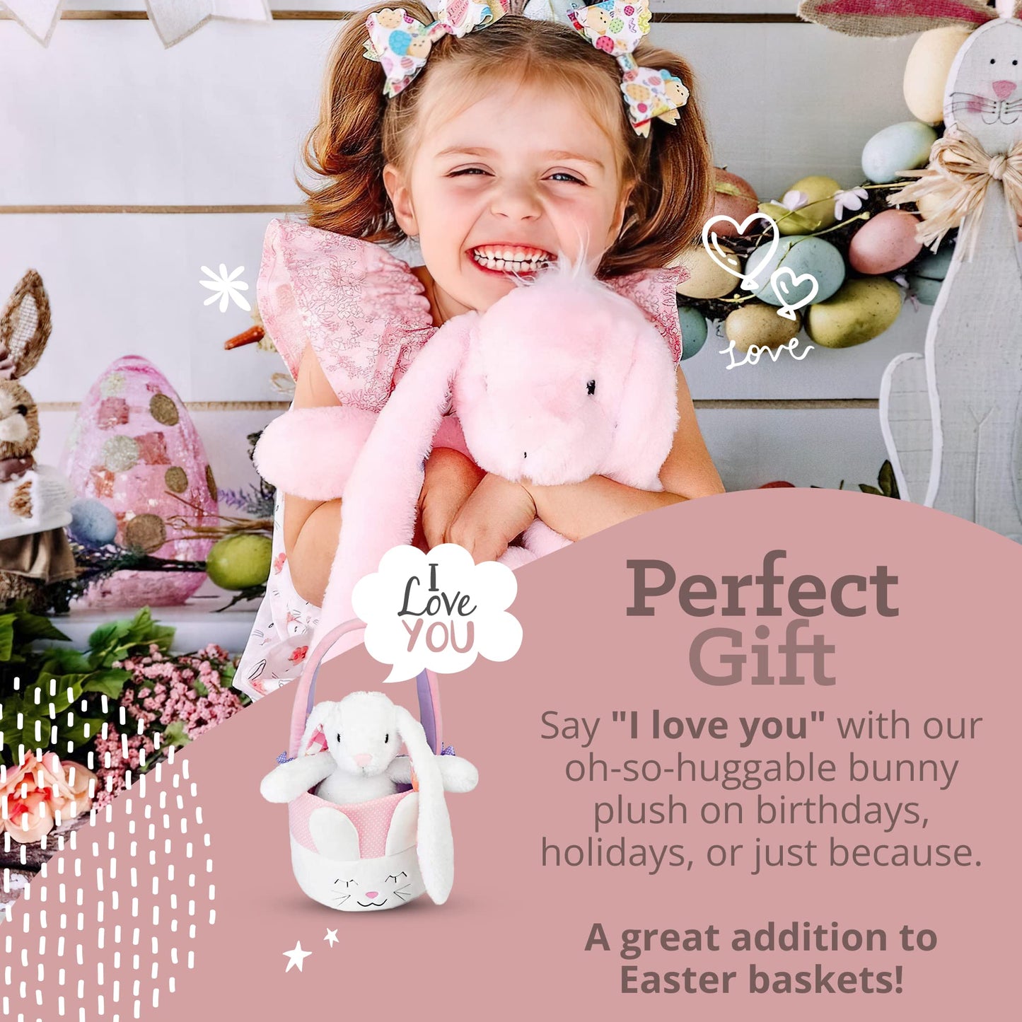 Plushible Easter Bunny Stuffed Animal, 18" (Pink) - Plush, Soft Embroidered Stuffed Bunny Toy for Kids, Newborns, Boys & Girls, Cuddly and Adorable Plush Toys