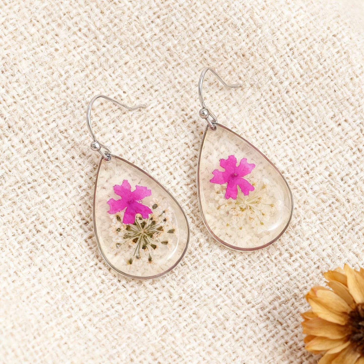 Jean Beau Handmade Pressed Flower Earrings for Women, Unique Resin Purple Dried Flowers Sterling Silver Teardrop Dangle Drop Nature Floral Earings Fashion Summer Jewelry Gift