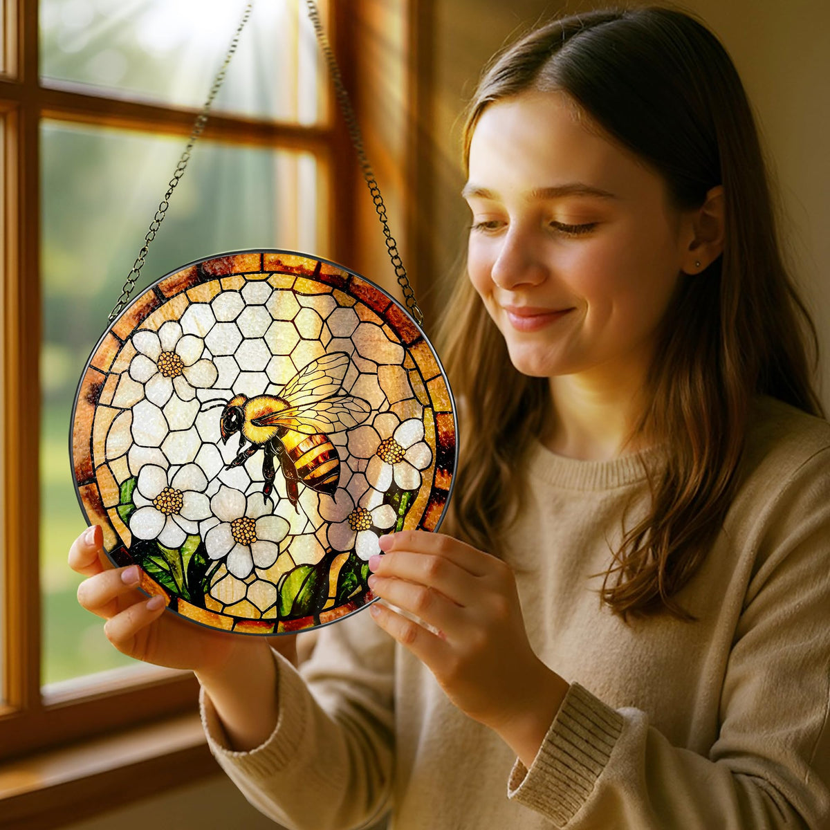 Bee Wildflowers Stained Glass Suncatcher, Stained Glass Window Hanging, 8 Inch Honey Bee Suncatcher, Honeybee Gifts for Garden Lovers, Gifts for Mother's Day, Teacher Gift, Grandma Gift